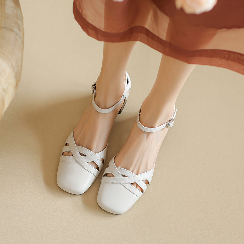 Women's Exquisite Handmade Leather Closed Toe Block Heel Ankle One Buckle Sandals
