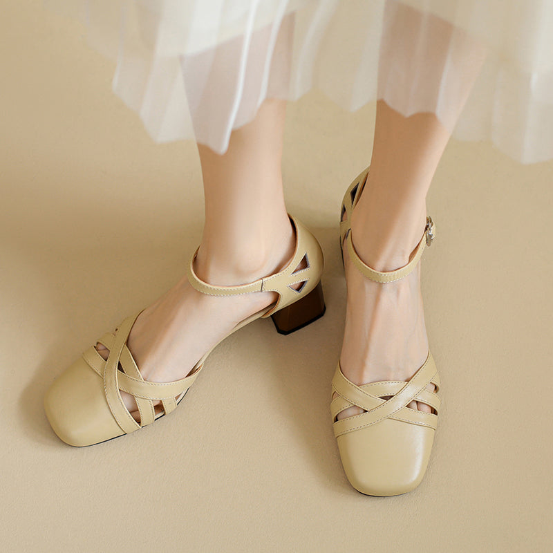 Women's Exquisite Handmade Leather Closed Toe Block Heel Ankle One Buckle Sandals