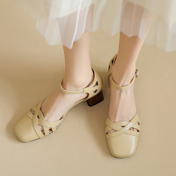Women's Exquisite Handmade Leather Closed Toe Block Heel Ankle One Buckle Sandals