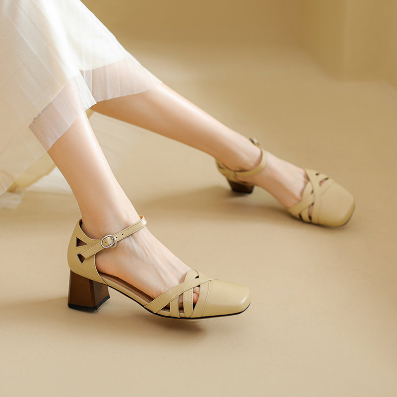 Women's Exquisite Handmade Leather Closed Toe Block Heel Ankle One Buckle Sandals