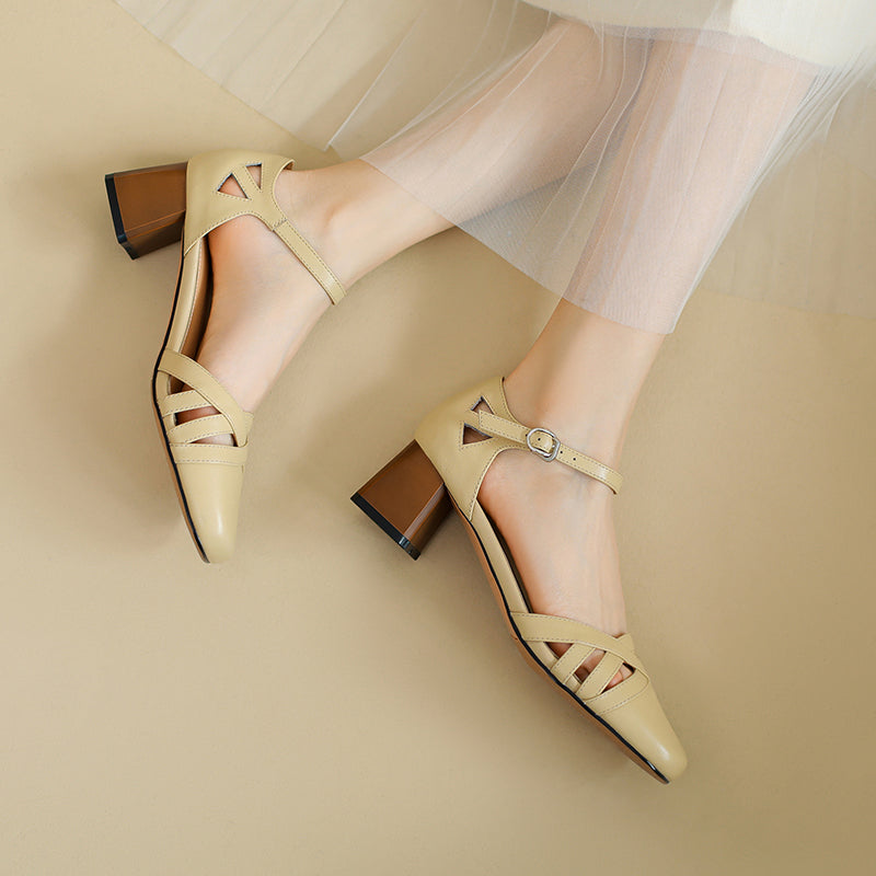 Women's Exquisite Handmade Leather Closed Toe Block Heel Ankle One Buckle Sandals