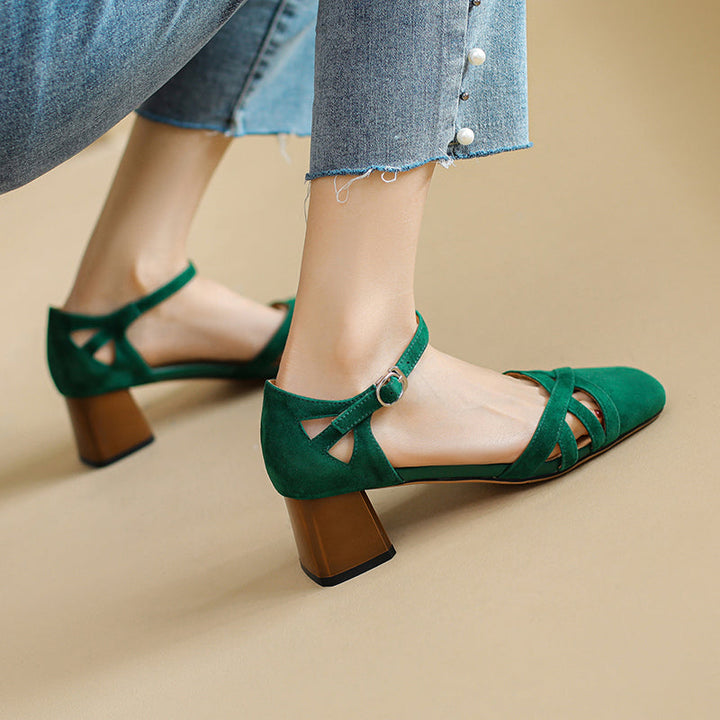 Women's Exquisite Handmade Leather Closed Toe Block Heel Ankle One Buckle Sandals