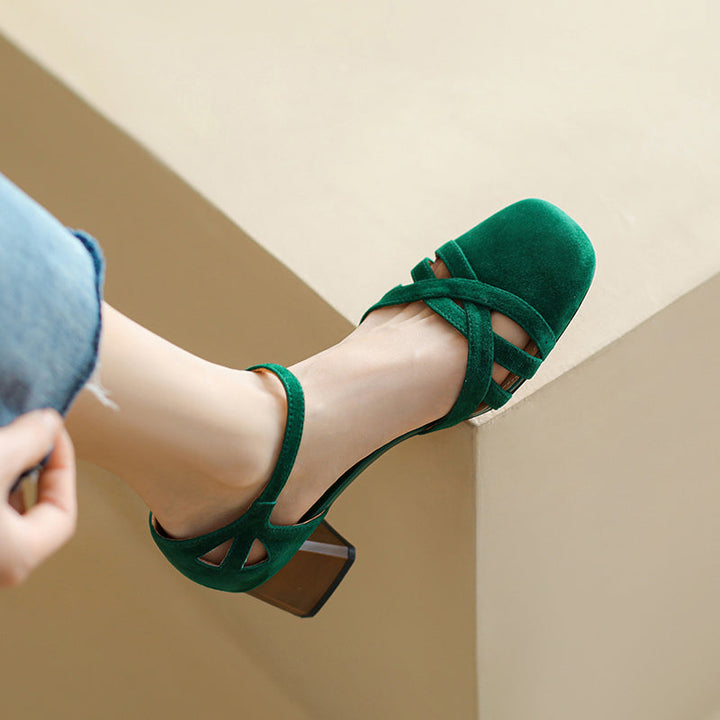 Women's Exquisite Handmade Leather Closed Toe Block Heel Ankle One Buckle Sandals