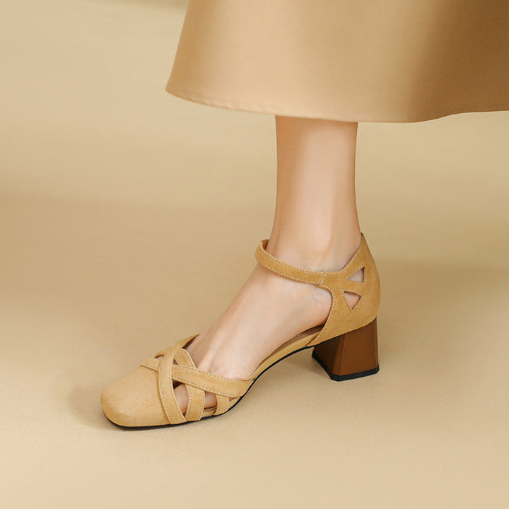 Women's Exquisite Handmade Leather Closed Toe Block Heel Ankle One Buckle Sandals
