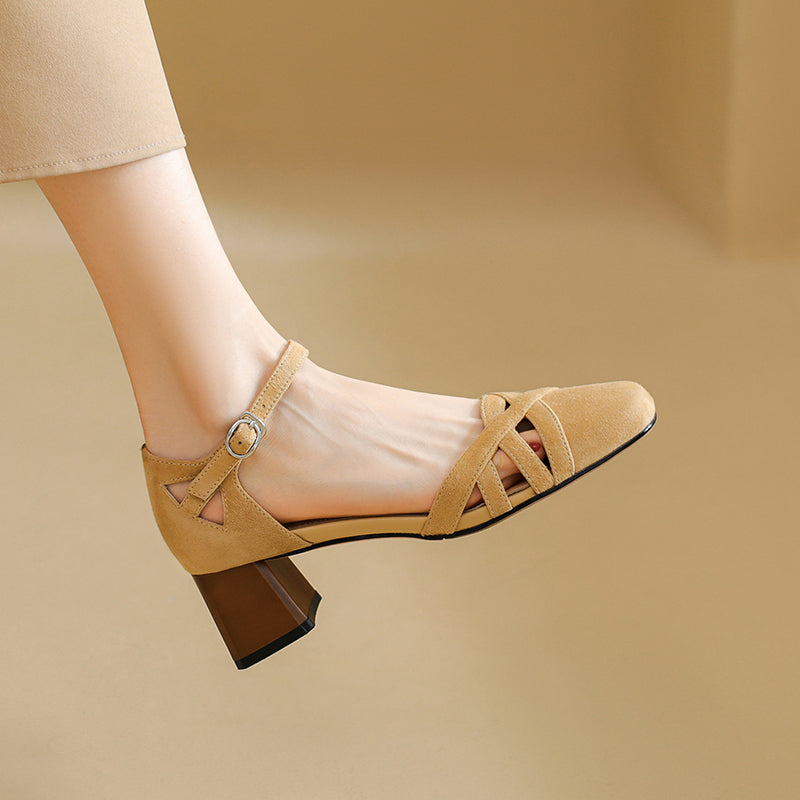 Women's Exquisite Handmade Leather Closed Toe Block Heel Ankle One Buckle Sandals