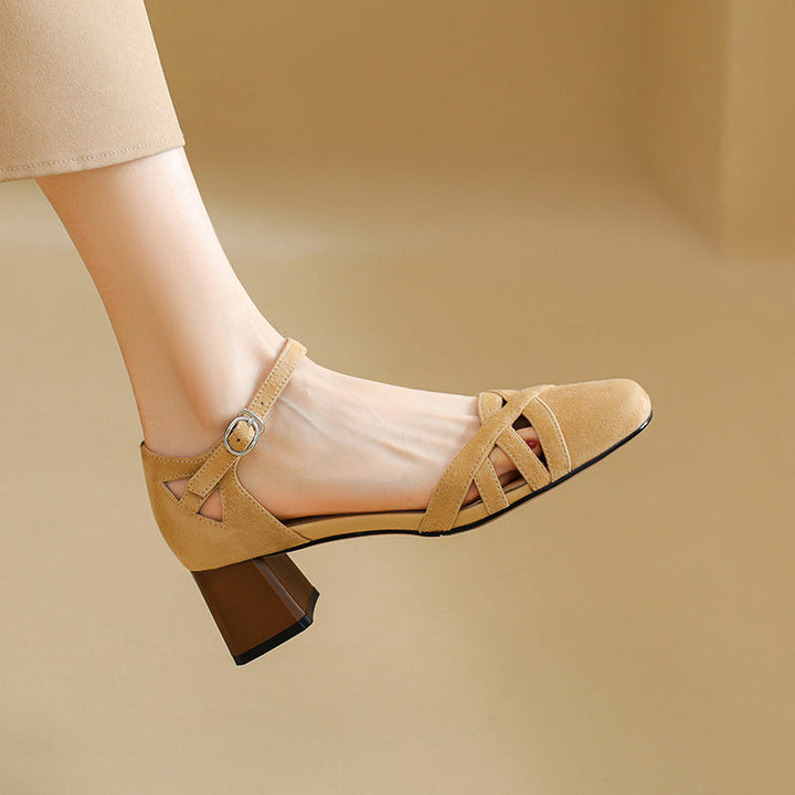 Women's Exquisite Handmade Leather Closed Toe Block Heel Ankle One Buckle Sandals