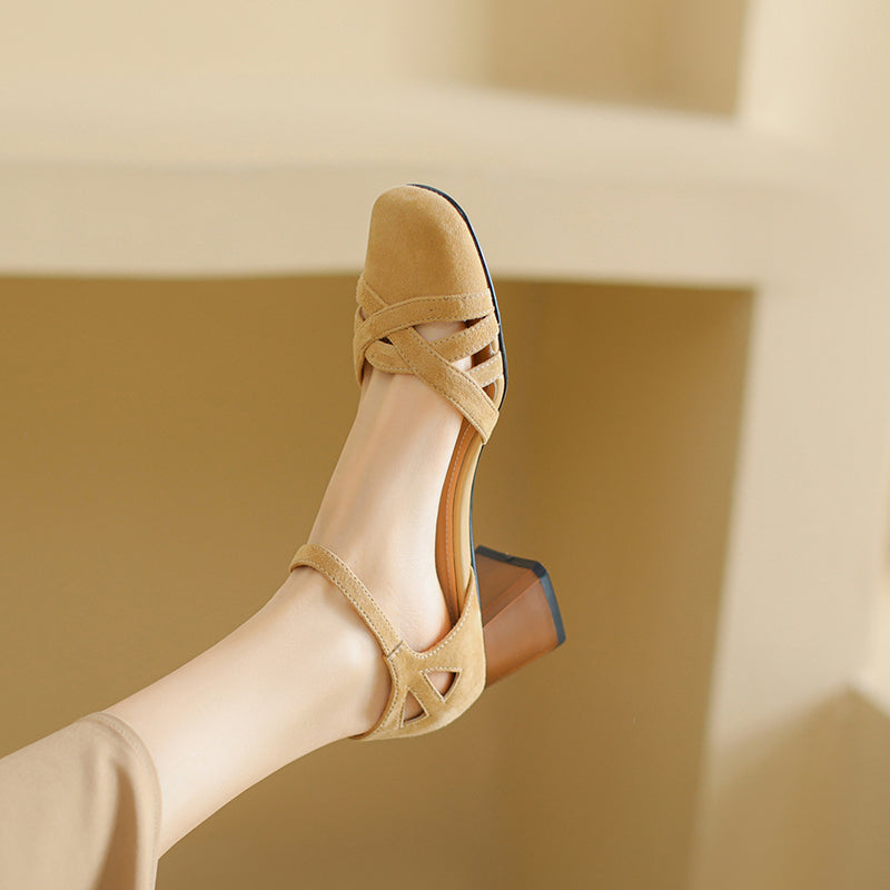 Women's Exquisite Handmade Leather Closed Toe Block Heel Ankle One Buckle Sandals