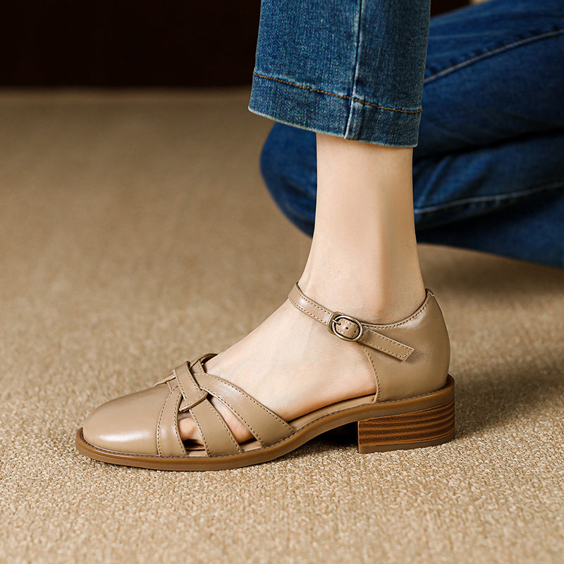 Women's French Retro Hand-woven Leather Mary Jane Sandals