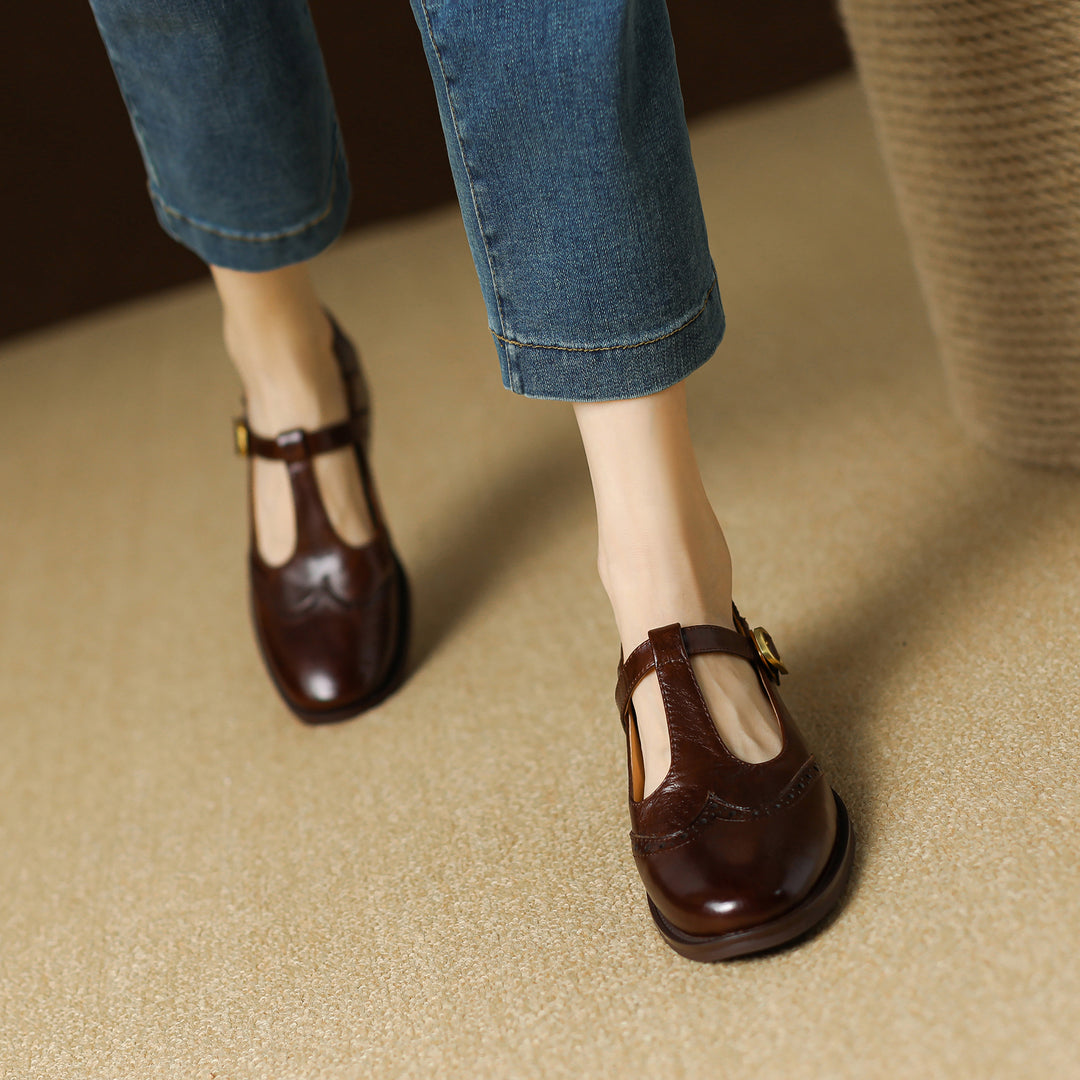 Elegant Women's Leather T-Strap Mary Jane Brogue Shoes – Vintage Low Heel