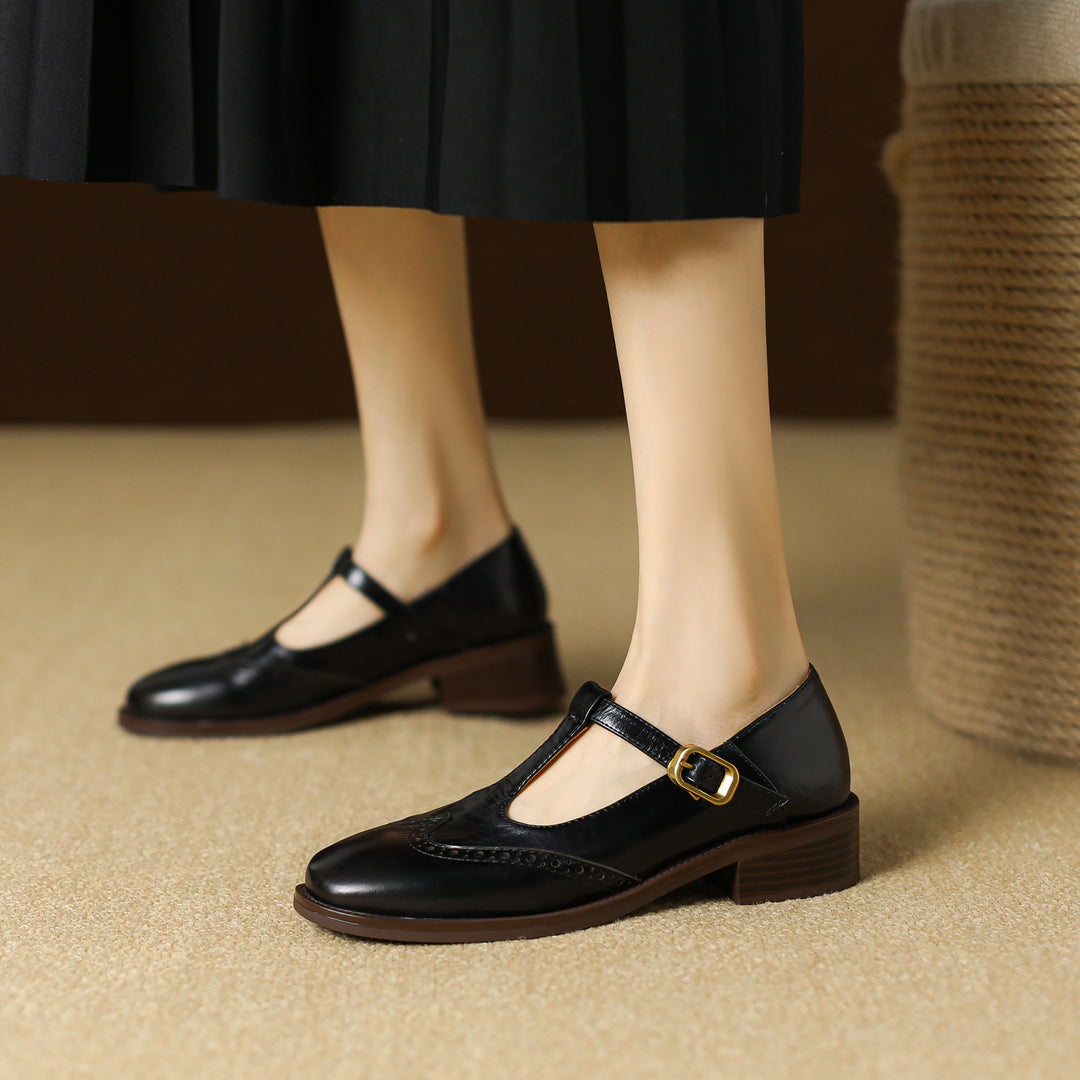Elegant Women's Leather T-Strap Mary Jane Brogue Shoes – Vintage Low Heel