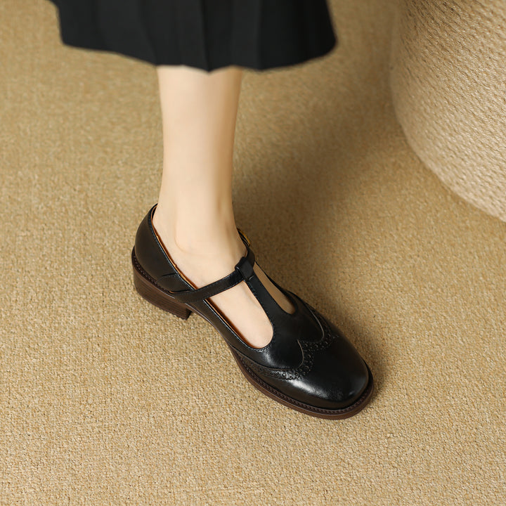 Elegant Women's Leather T-Strap Mary Jane Brogue Shoes – Vintage Low Heel