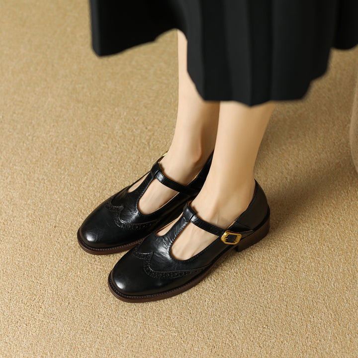 Elegant Women's Leather T-Strap Mary Jane Brogue Shoes – Vintage Low Heel