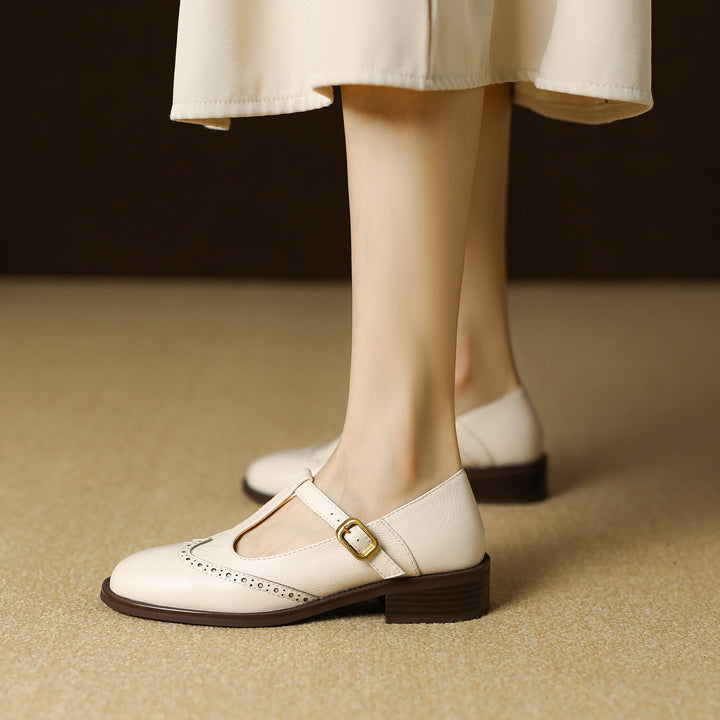 Elegant Women's Leather T-Strap Mary Jane Brogue Shoes – Vintage Low Heel