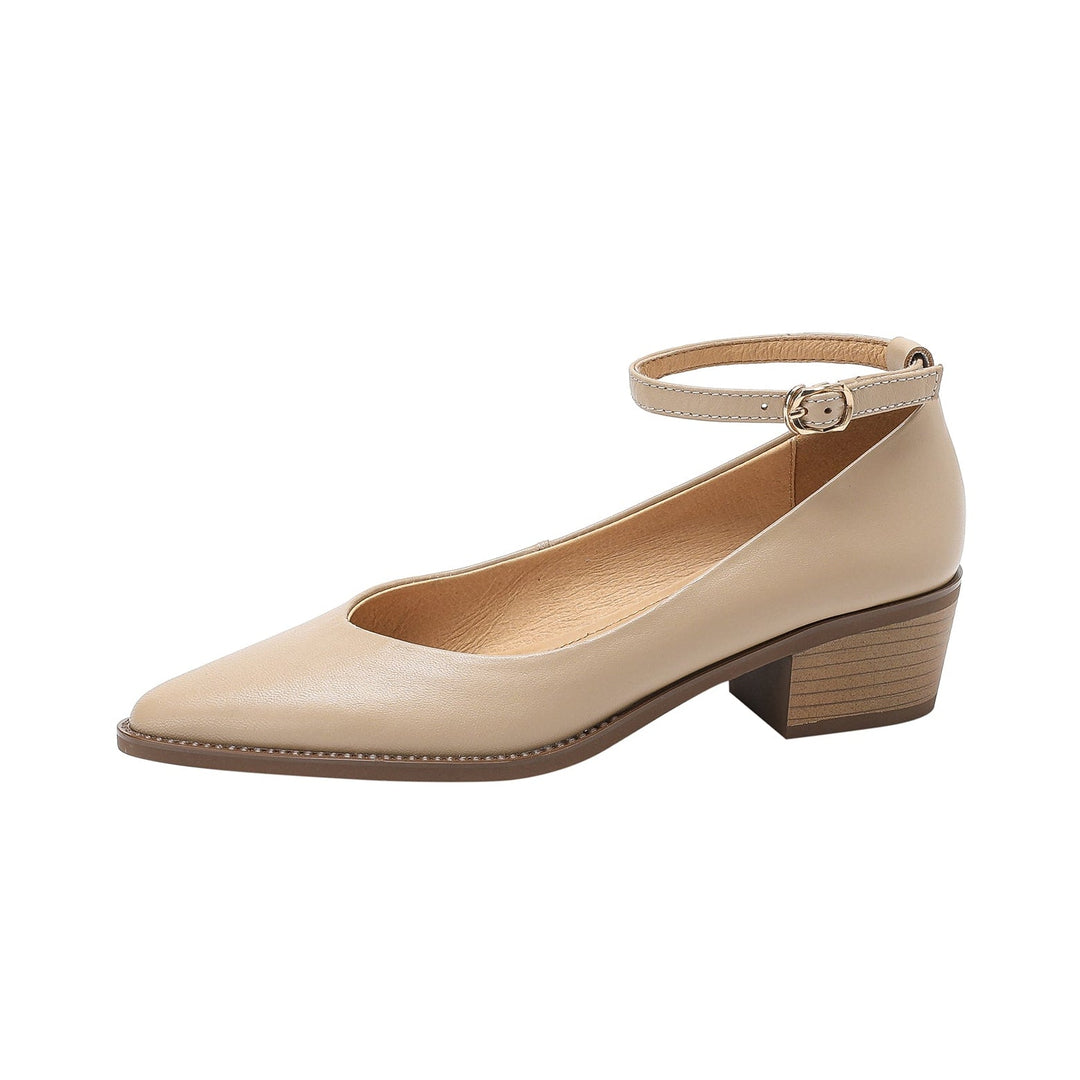 Women's Ankle Strap Pointed Toe Graceful Sheepskin Mary Jane Pumps Office Heels