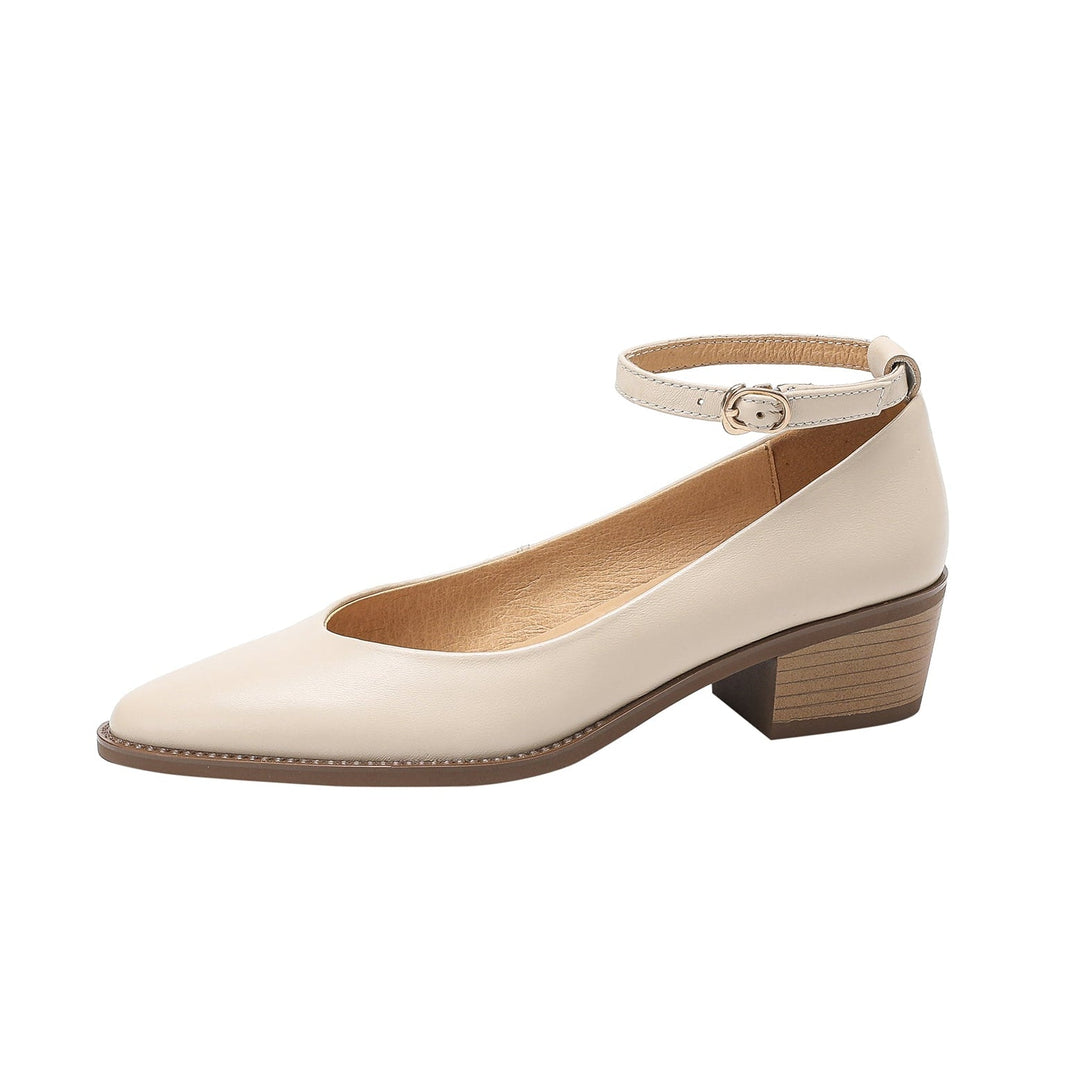 Women's Ankle Strap Pointed Toe Graceful Sheepskin Mary Jane Pumps Office Heels