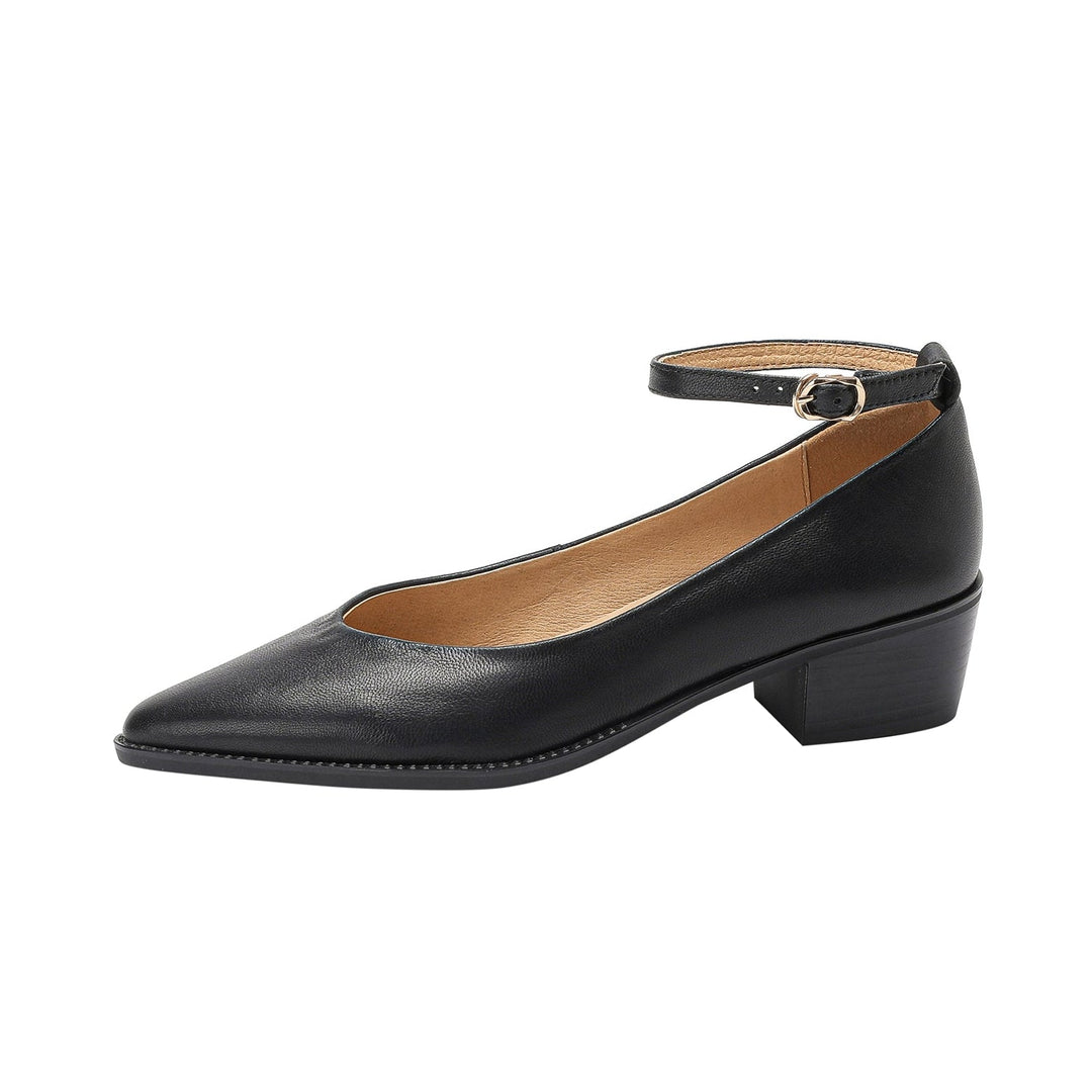 Women's Ankle Strap Pointed Toe Graceful Sheepskin Mary Jane Pumps Office Heels