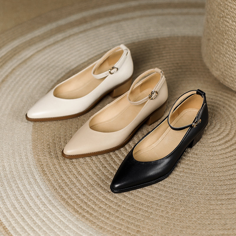 Women's Ankle Strap Pointed Toe Graceful Sheepskin Mary Jane Pumps Office Heels