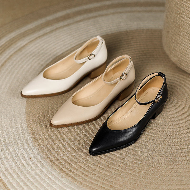 Women's Ankle Strap Pointed Toe Graceful Sheepskin Mary Jane Pumps Office Heels