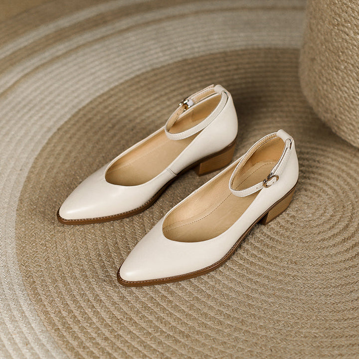 Women's Ankle Strap Pointed Toe Graceful Sheepskin Mary Jane Pumps Office Heels