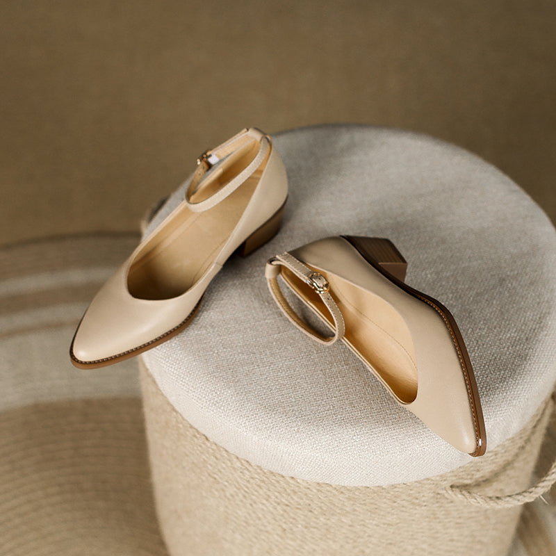 Women's Ankle Strap Pointed Toe Graceful Sheepskin Mary Jane Pumps Office Heels