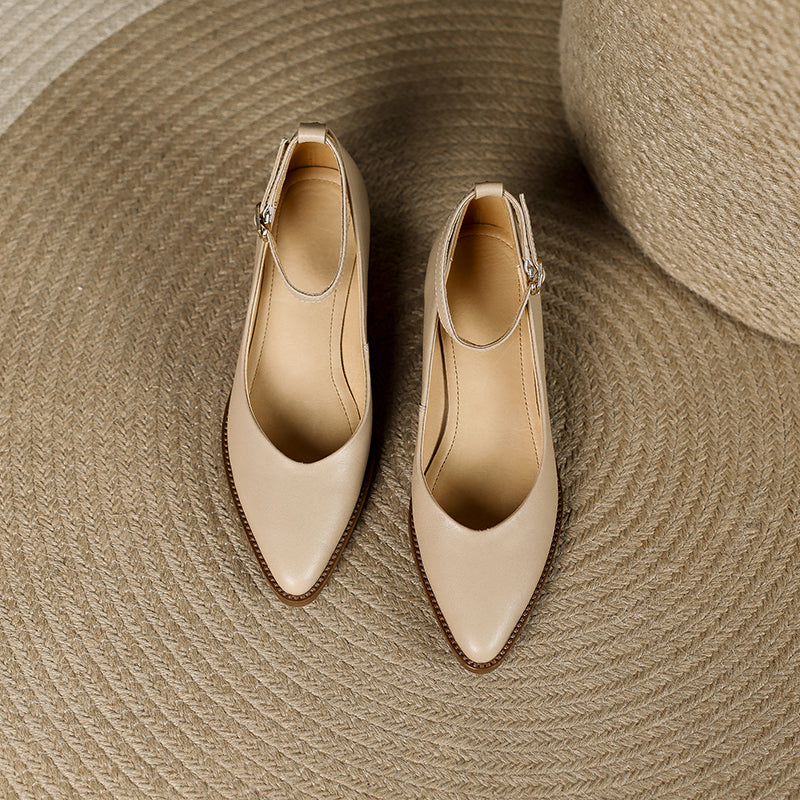 Women's Ankle Strap Pointed Toe Graceful Sheepskin Mary Jane Pumps Office Heels