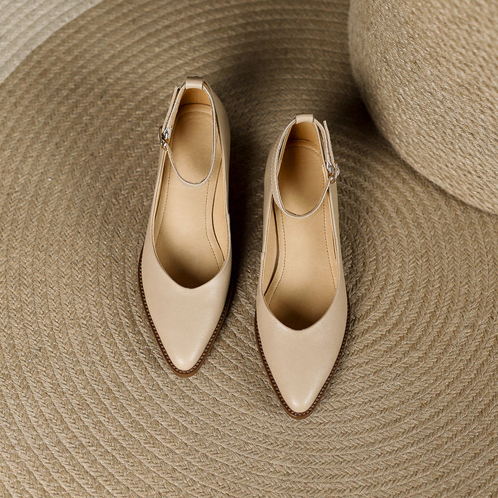 Women's Ankle Strap Pointed Toe Graceful Sheepskin Mary Jane Pumps Office Heels
