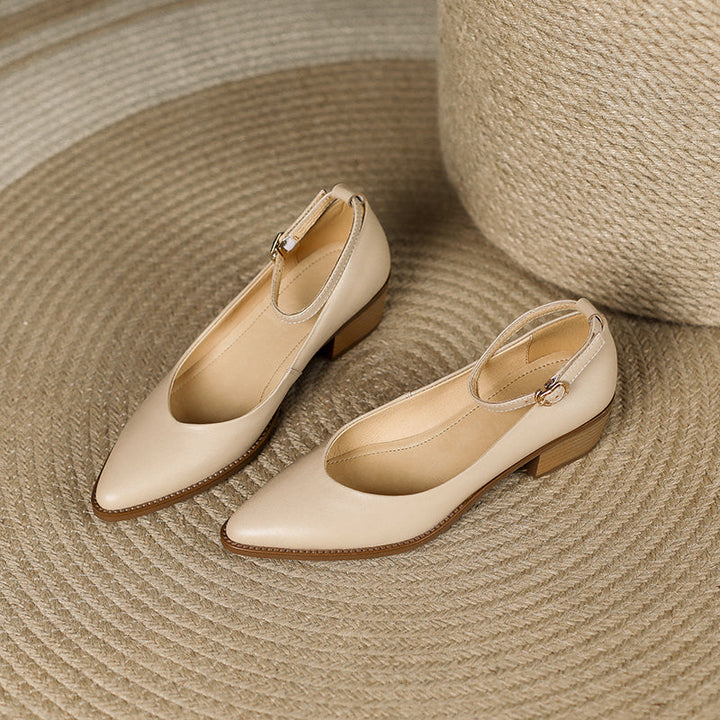 Women's Ankle Strap Pointed Toe Graceful Sheepskin Mary Jane Pumps Office Heels