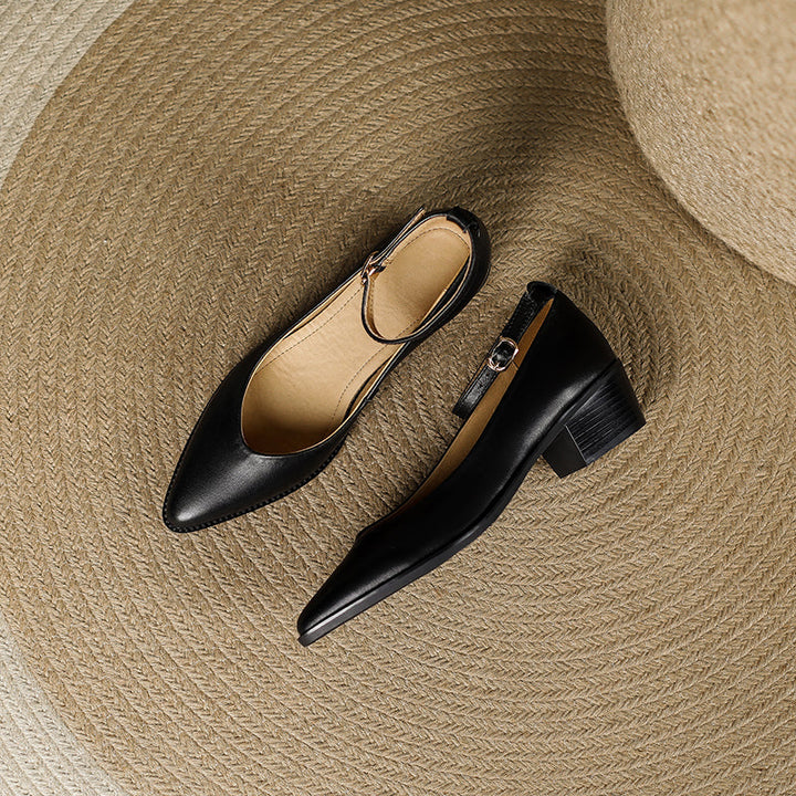 Women's Ankle Strap Pointed Toe Graceful Sheepskin Mary Jane Pumps Office Heels