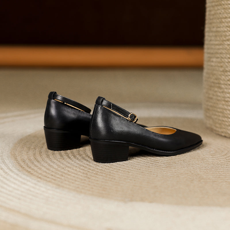 Women's Ankle Strap Pointed Toe Graceful Sheepskin Mary Jane Pumps Office Heels