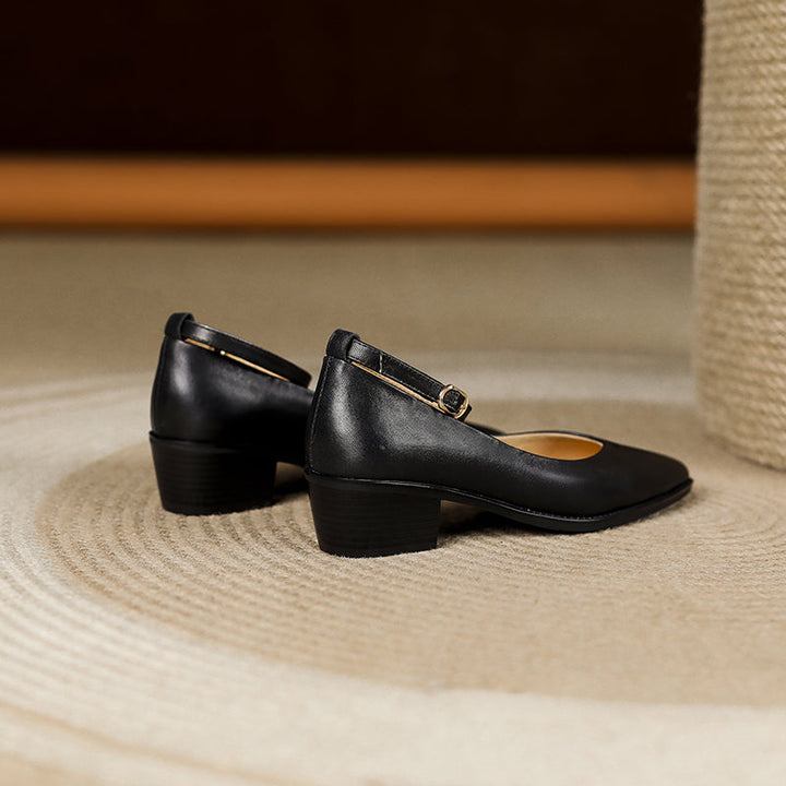 Women's Ankle Strap Pointed Toe Graceful Sheepskin Mary Jane Pumps Office Heels
