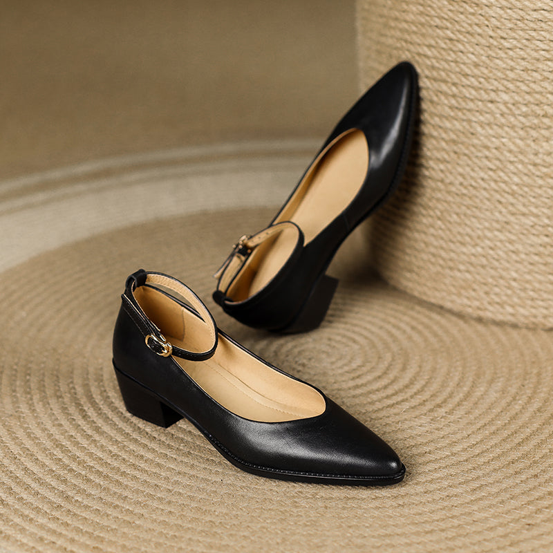 Women's Ankle Strap Pointed Toe Graceful Sheepskin Mary Jane Pumps Office Heels