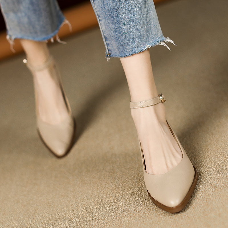 Women's Ankle Strap Pointed Toe Graceful Sheepskin Mary Jane Pumps Office Heels