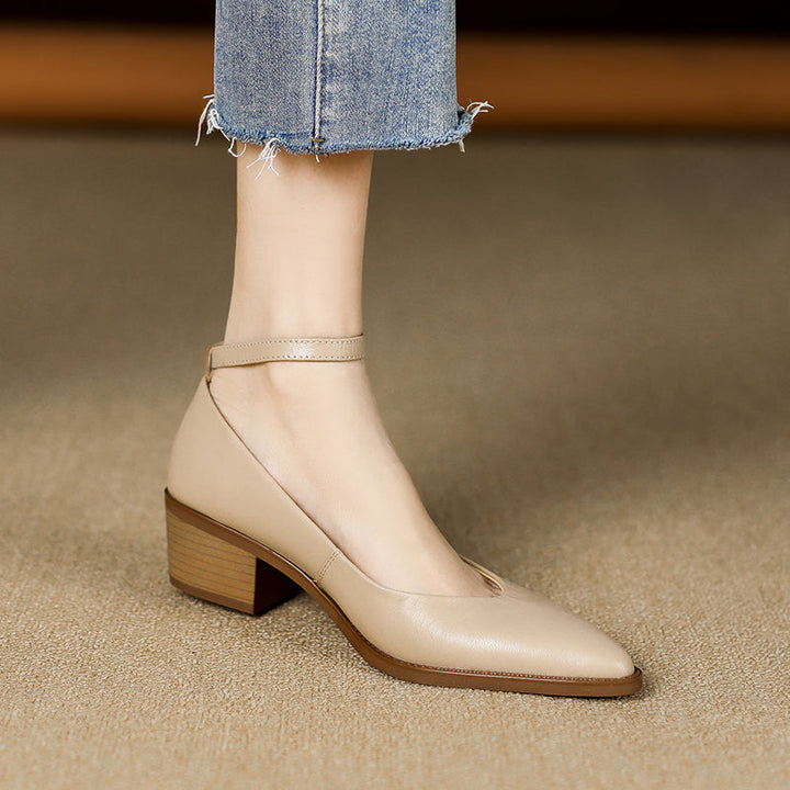 Women's Ankle Strap Pointed Toe Graceful Sheepskin Mary Jane Pumps Office Heels