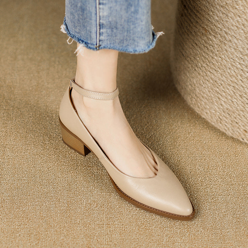 Women's Ankle Strap Pointed Toe Graceful Sheepskin Mary Jane Pumps Office Heels