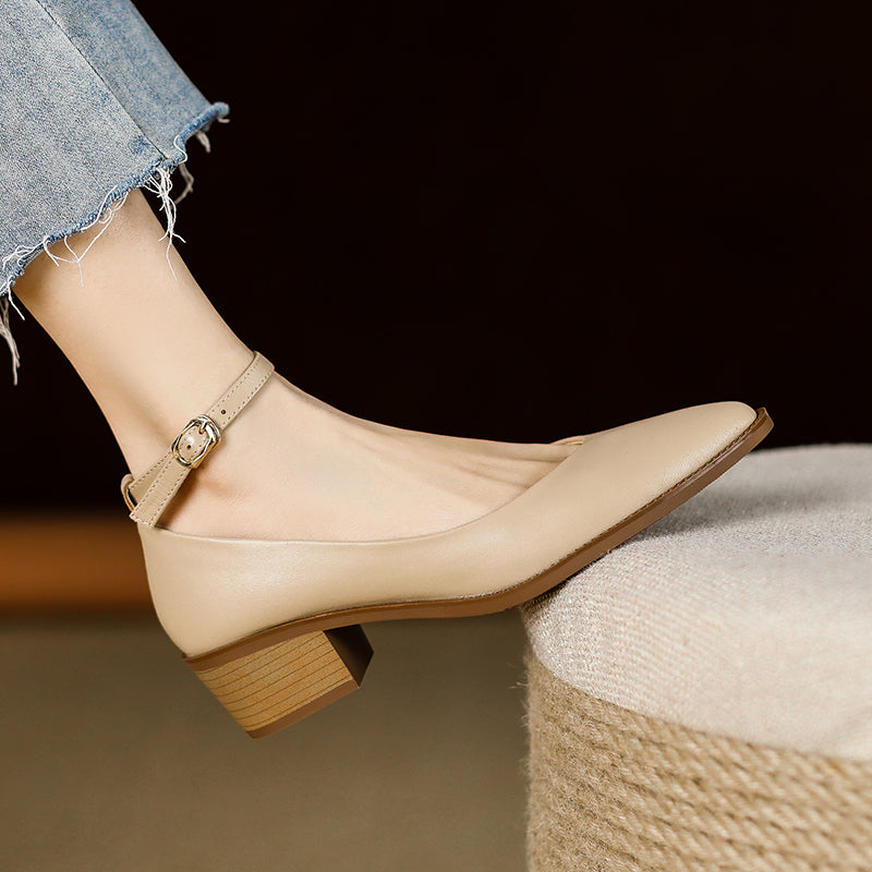 Women's Ankle Strap Pointed Toe Graceful Sheepskin Mary Jane Pumps Office Heels