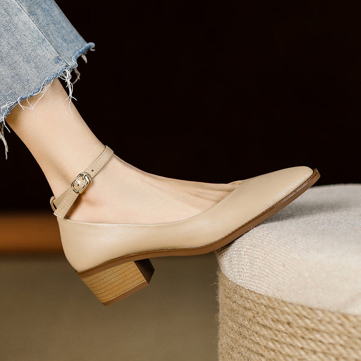 Women's Ankle Strap Pointed Toe Graceful Sheepskin Mary Jane Pumps Office Heels
