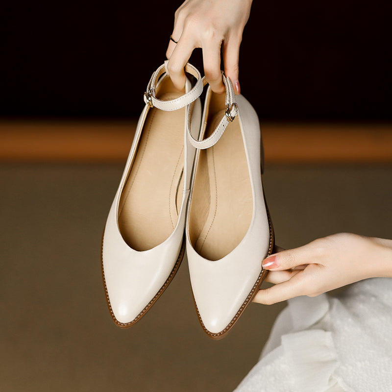 Women's Ankle Strap Pointed Toe Graceful Sheepskin Mary Jane Pumps Office Heels