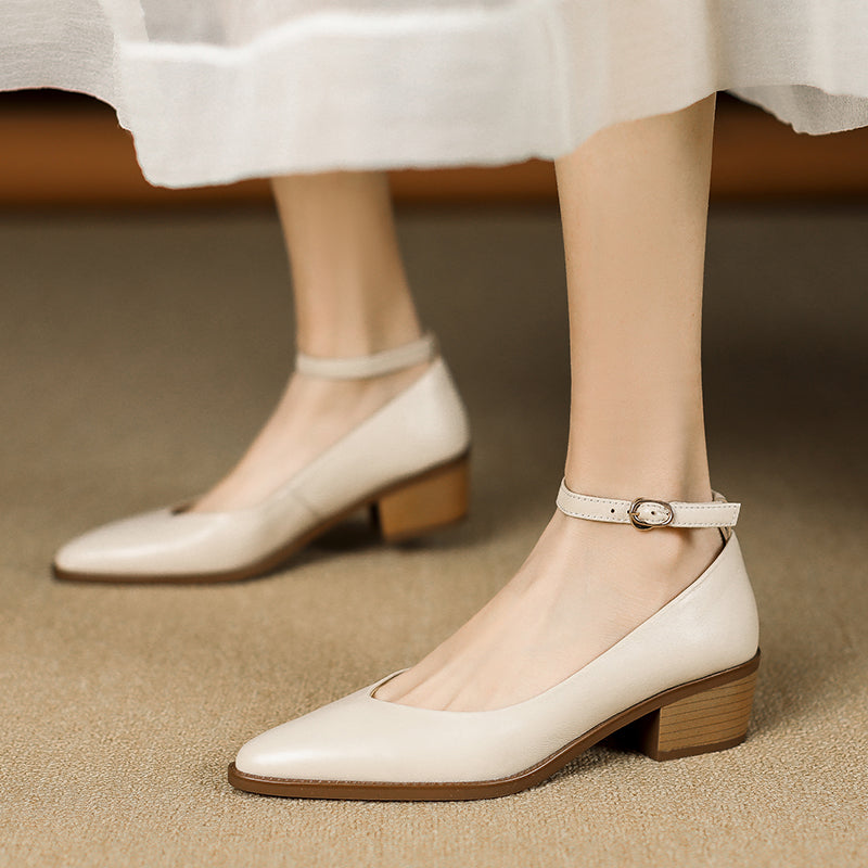 Women's Ankle Strap Pointed Toe Graceful Sheepskin Mary Jane Pumps Office Heels