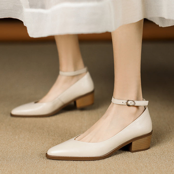 Women's Ankle Strap Pointed Toe Graceful Sheepskin Mary Jane Pumps Office Heels
