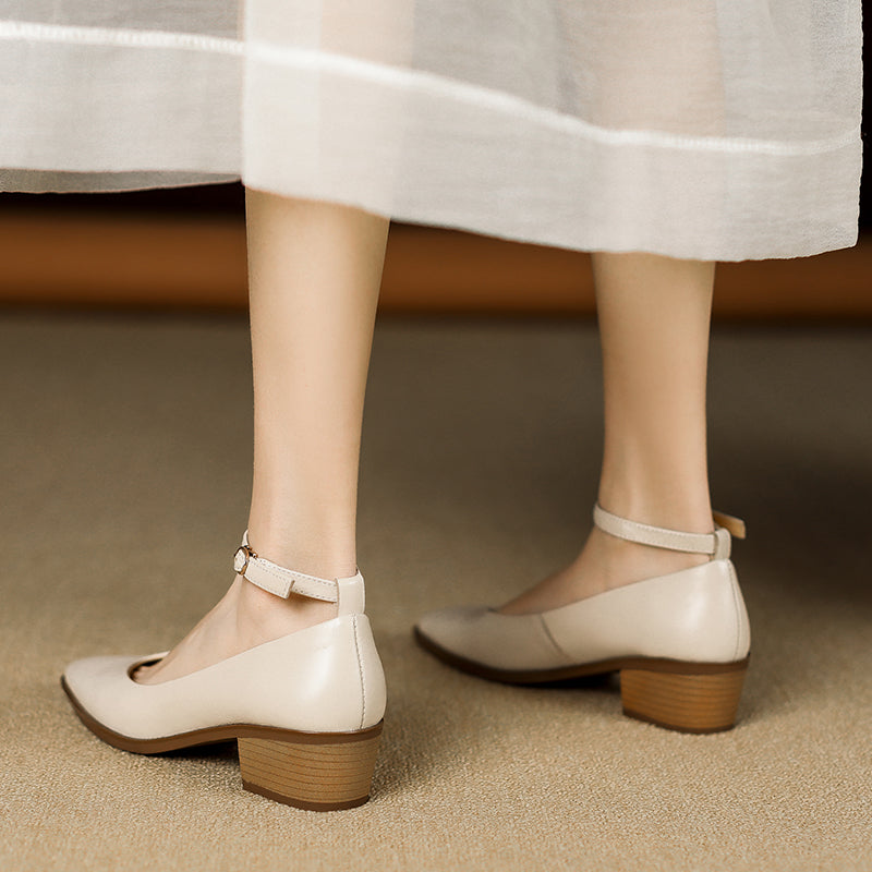 Women's Ankle Strap Pointed Toe Graceful Sheepskin Mary Jane Pumps Office Heels