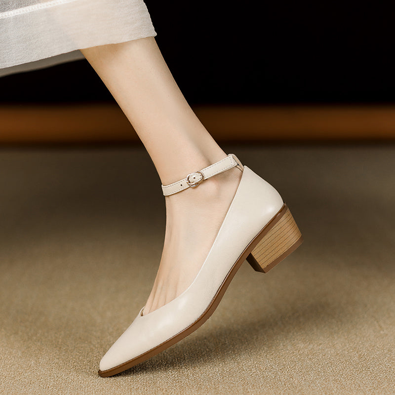 Women's Ankle Strap Pointed Toe Graceful Sheepskin Mary Jane Pumps Office Heels