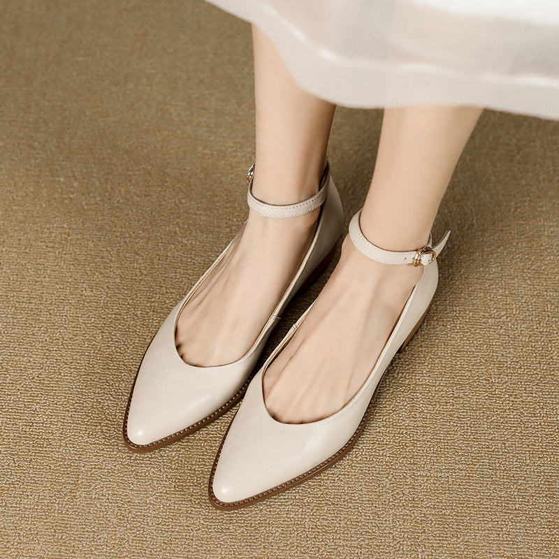 Women's Ankle Strap Pointed Toe Graceful Sheepskin Mary Jane Pumps Office Heels