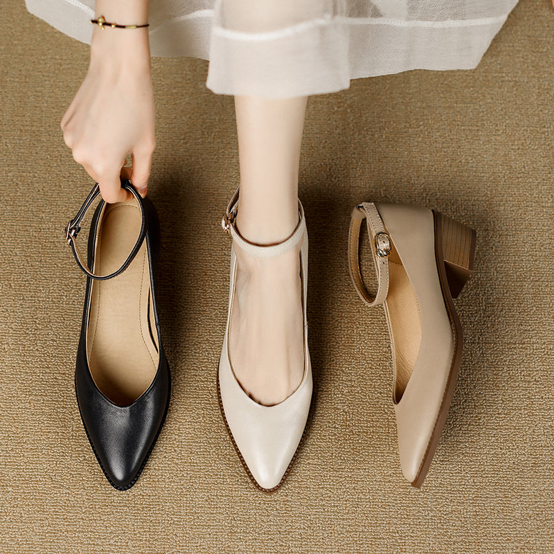 Women's Ankle Strap Pointed Toe Graceful Sheepskin Mary Jane Pumps Office Heels