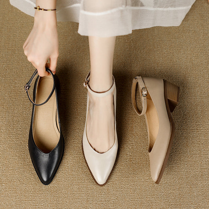 Women's Ankle Strap Pointed Toe Graceful Sheepskin Mary Jane Pumps Office Heels