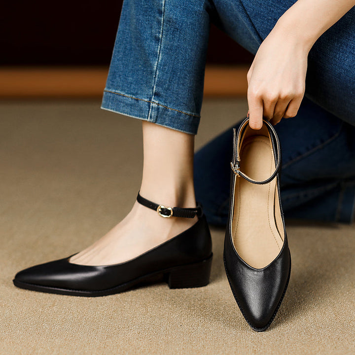 Women's Ankle Strap Pointed Toe Graceful Sheepskin Mary Jane Pumps Office Heels