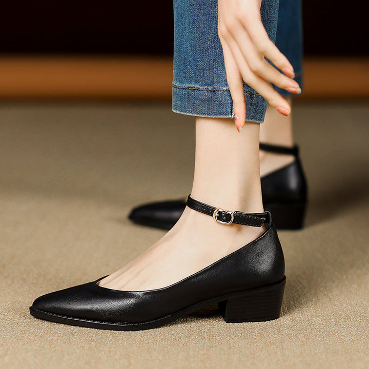 Women's Ankle Strap Pointed Toe Graceful Sheepskin Mary Jane Pumps Office Heels