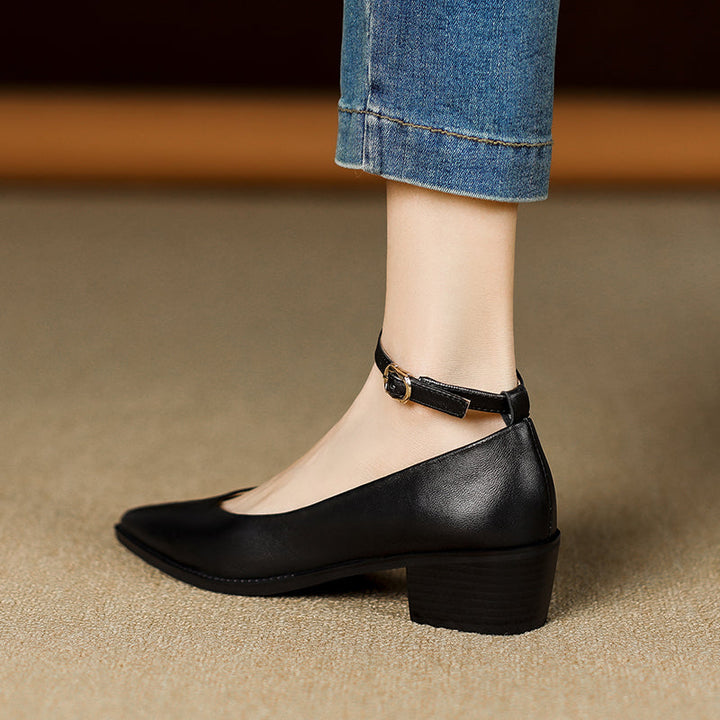 Women's Ankle Strap Pointed Toe Graceful Sheepskin Mary Jane Pumps Office Heels