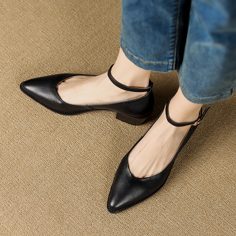 Women's Ankle Strap Pointed Toe Graceful Sheepskin Mary Jane Pumps Office Heels