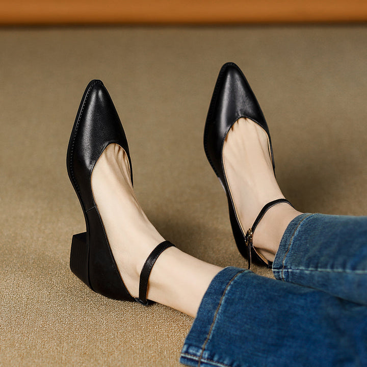 Women's Ankle Strap Pointed Toe Graceful Sheepskin Mary Jane Pumps Office Heels