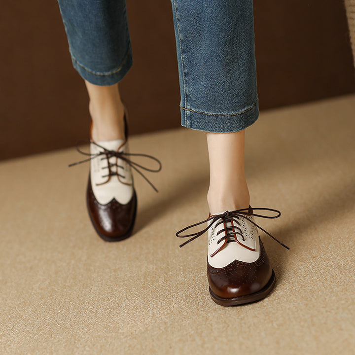 Retro Women's Color-Block Brogue Oxford Lace-Up Shoes – Elegant Design